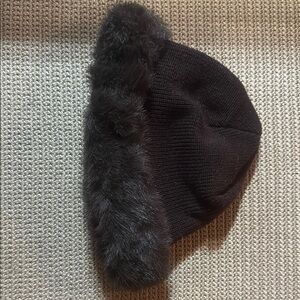 Brown Knit Hat with Faux Fur Trim